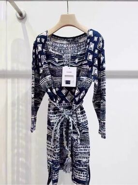 🚩steal CHANEL Navy & White Geometric Tie-Waist Long Sleeve Dress